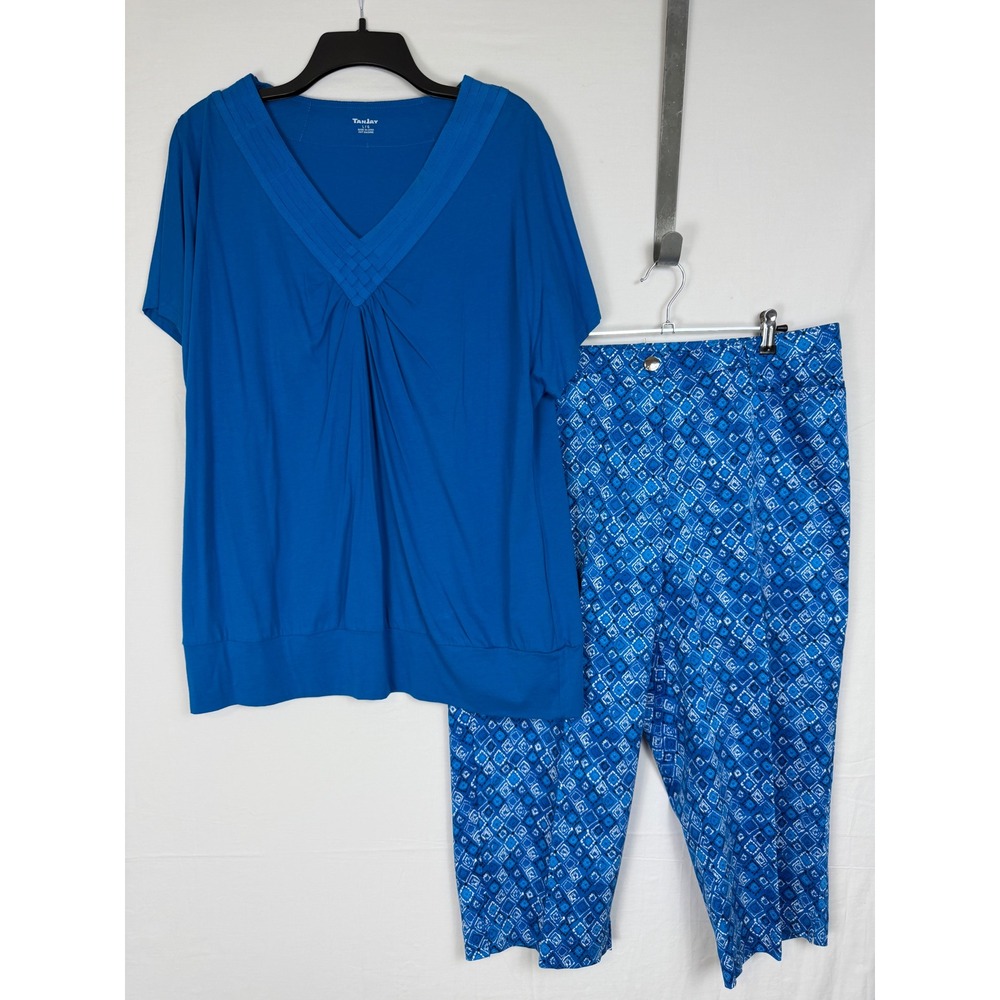 Tanjay Women Top and Pants Set L/14 Blue Geometric V-Neck Capris Short Sleeve
